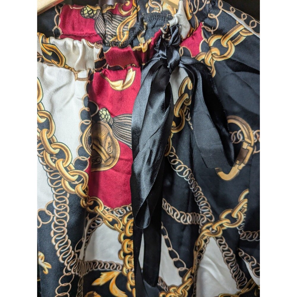 Yourl Chain Print Tie Neck Silky Blouse Gold White Black Large - Picture 3 of 5